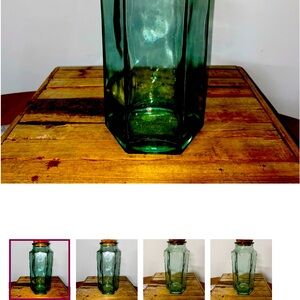 Vintage Heavy Green Glass Hexagon Shaped Canister With Cork Lid. Made In Spain.